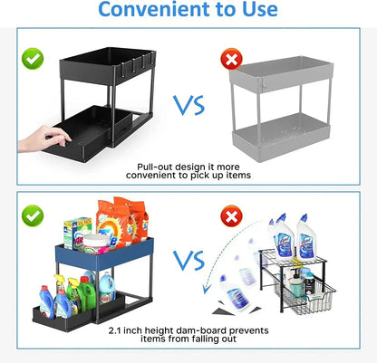 2 Tier Under Sink Sliding Cabinet Basket Organizer Storage Rack with Hooks Hanging Cup Bathroom Multifunctional Storage Rack