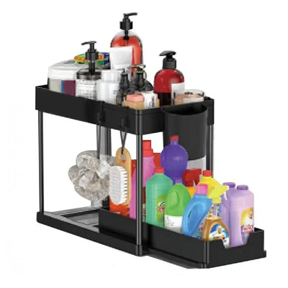 2 Tier Under Sink Sliding Cabinet Basket Organizer Storage Rack with Hooks Hanging Cup Bathroom Multifunctional Storage Rack